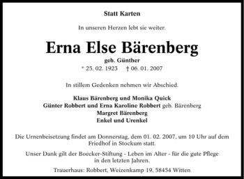 Traueranzeige von Erna Else Bärenberg von Tageszeitung