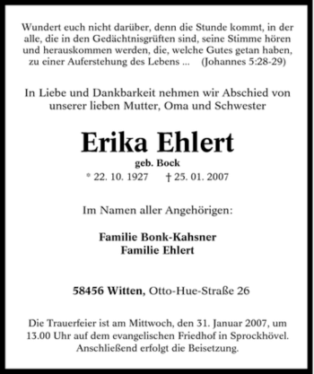 Traueranzeige von Erika Ehlert von Tageszeitung
