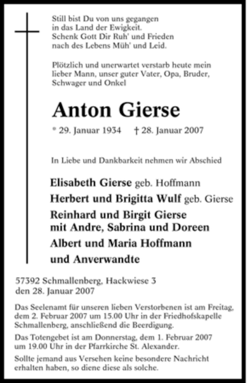 Traueranzeige von Anton Gierse von Tageszeitung