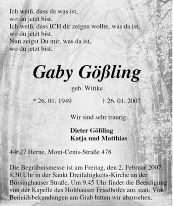 Traueranzeige von Gaby Gößling von Tageszeitung