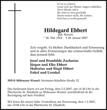 Traueranzeige von Hildegard Ebbert von Tageszeitung