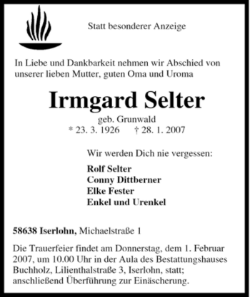 Traueranzeige von Irmgard Selter von Tageszeitung