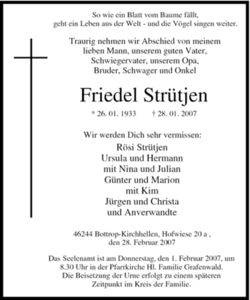 Traueranzeige von Friedel Strütjen von Tageszeitung