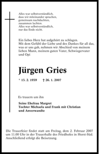 Traueranzeige von Jürgen Gries von Tageszeitung