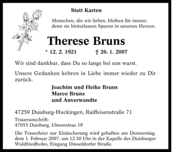 Traueranzeige von Therese Bruns von Tageszeitung