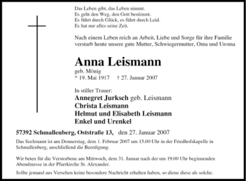 Traueranzeige von Anna Leismann von Tageszeitung