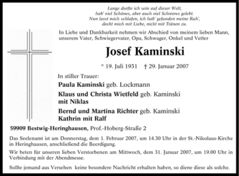 Traueranzeige von Josef Kaminski von Tageszeitung