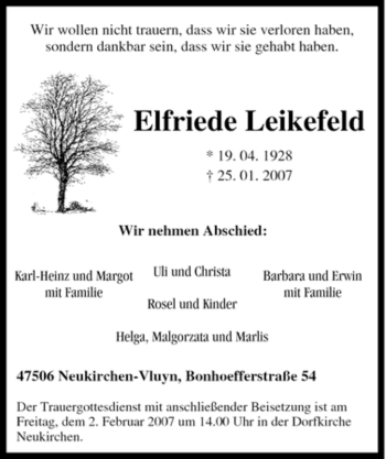 Traueranzeige von Elfriede Leikefeld von Tageszeitung