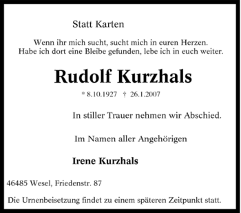 Traueranzeige von Rudolf Kurzhals von Tageszeitung