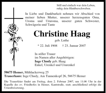 Traueranzeige von Christine Haag von Tageszeitung