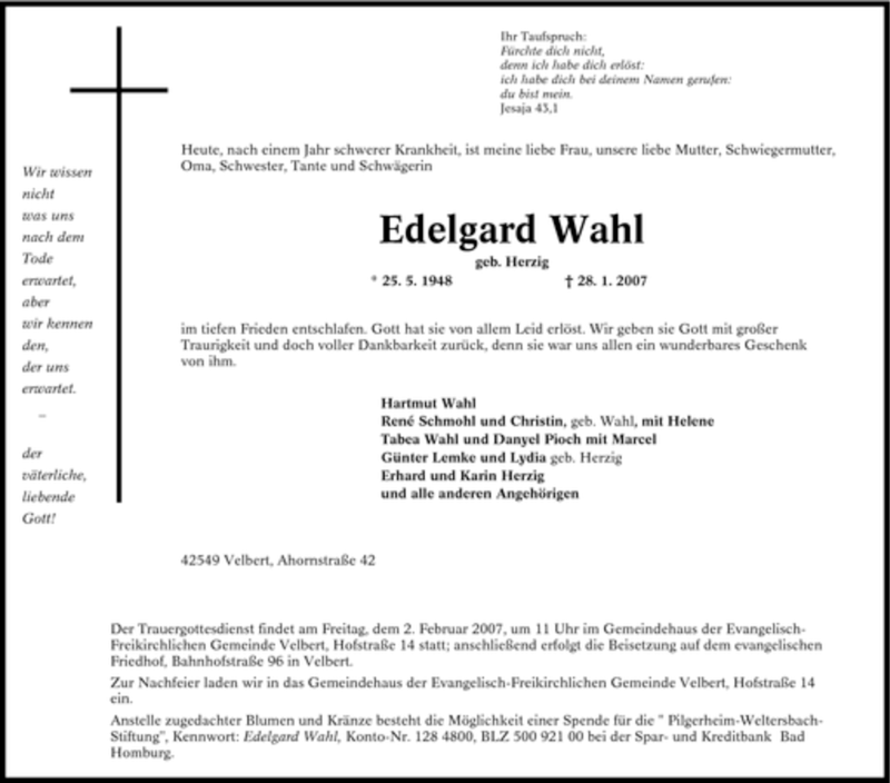  Traueranzeige für Edelgard Wahl vom 30.01.2007 aus Tageszeitung