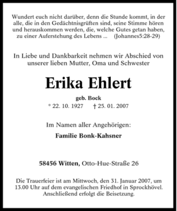 Traueranzeige von Erika Ehlert von Tageszeitung