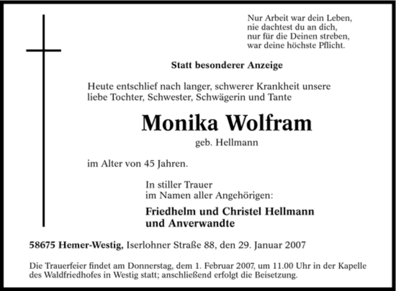  Traueranzeige für Monika Wolfram vom 30.01.2007 aus Tageszeitung