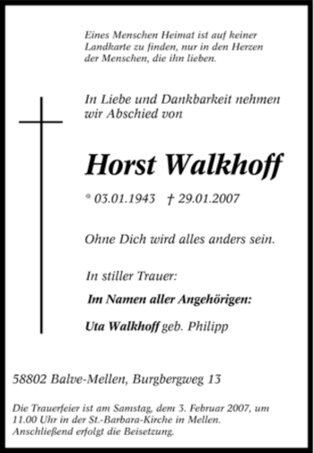 Traueranzeige von Horst Walkhoff von Tageszeitung