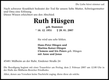 Traueranzeige von Ruth Hüsgen von Tageszeitung