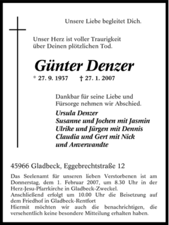 Traueranzeige von Günter Denzer von Tageszeitung
