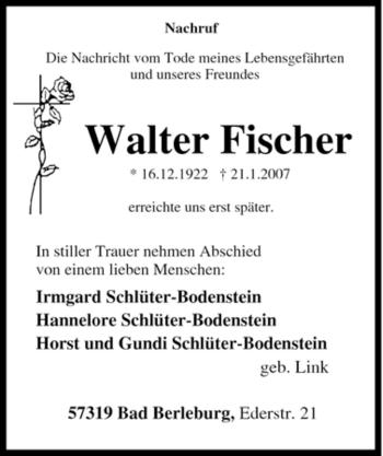 Traueranzeige von Walter Fischer von Tageszeitung