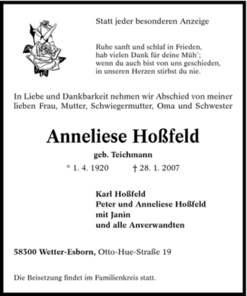 Traueranzeige von Anneliese Hoßfeld von Tageszeitung