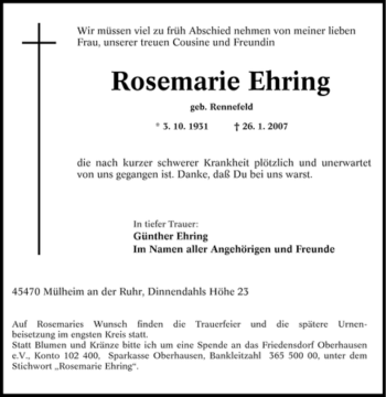 Traueranzeige von Rosemarie Ehring von Tageszeitung
