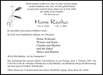Traueranzeige von Hans Rzeha von Tageszeitung