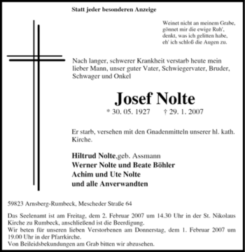 Traueranzeige von Josef Nolte von Tageszeitung