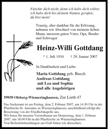 Traueranzeige von Heinz-Willi Gottdang von Tageszeitung