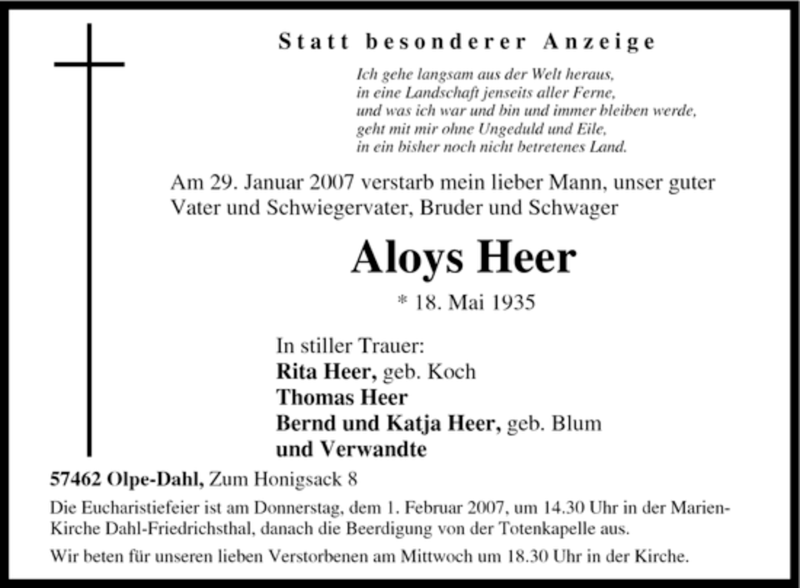  Traueranzeige für Aloys Heer vom 30.01.2007 aus Tageszeitung