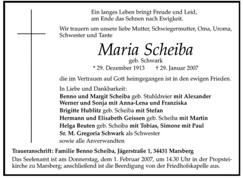  Traueranzeige für Maria Scheiba vom 30.01.2007 aus Tageszeitung