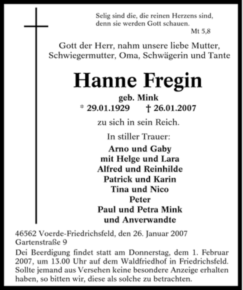  Traueranzeige für Hanne Fregin vom 30.01.2007 aus Tageszeitung
