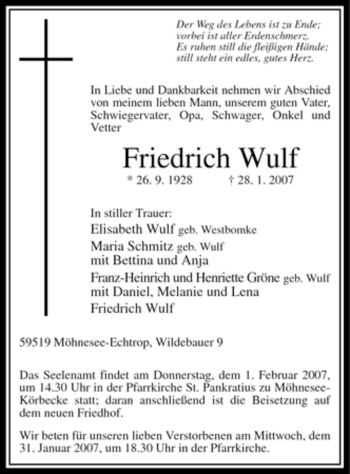 Traueranzeige von Friedrich Wulf von Tageszeitung