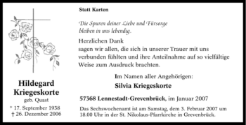 Traueranzeige von Hildegard Kriegeskorte von Tageszeitung