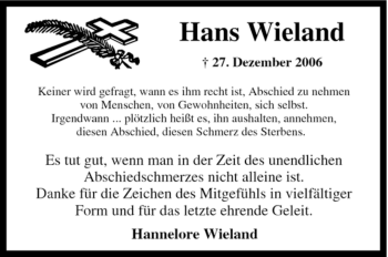 Traueranzeige von Hans Wieland von Tageszeitung