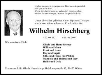 Traueranzeige von Wilhelm Hirschberg von Tageszeitung