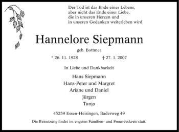 Traueranzeige von Hannelore Siepmann von Tageszeitung