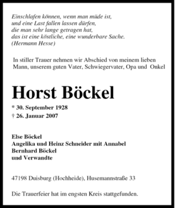 Traueranzeige von Horst Böckel von Tageszeitung