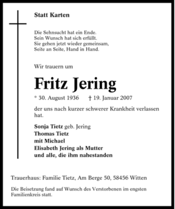Traueranzeige von Fritz Jering von Tageszeitung
