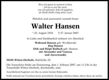 Traueranzeige von Walter Hansen von Tageszeitung