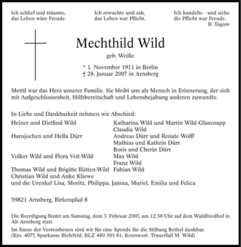 Traueranzeige von Mechthild Wild von Tageszeitung