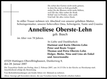 Traueranzeige von Anneliese Oberste-Lehn von Tageszeitung