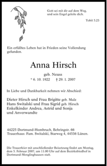 Traueranzeige von Anna Hirsch von Tageszeitung