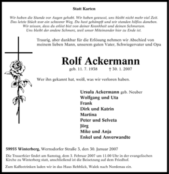 Traueranzeige von Rolf Ackermann von Tageszeitung