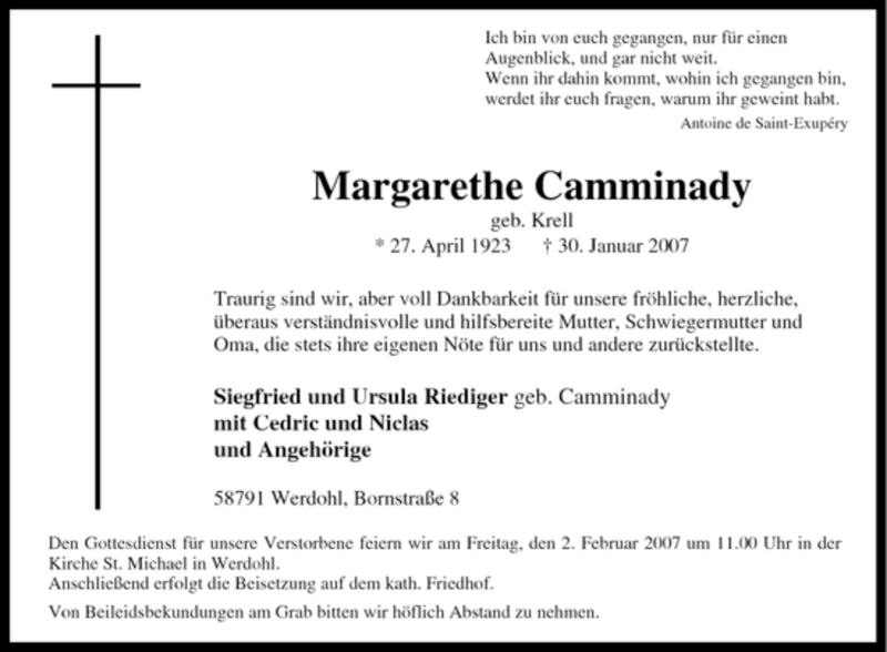  Traueranzeige für Margarethe Camminady vom 31.01.2007 aus Tageszeitung