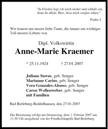 Traueranzeige von Anne-Marie Kraemer von Tageszeitung