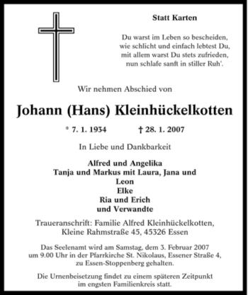 Traueranzeige von Johann Kleinhückelkotten von Tageszeitung