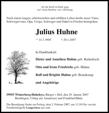 Traueranzeige von Julius Huhne von Tageszeitung