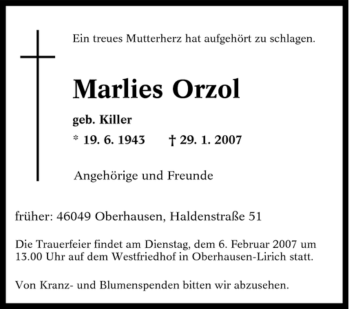 Traueranzeige von Marlies Orzol von Tageszeitung