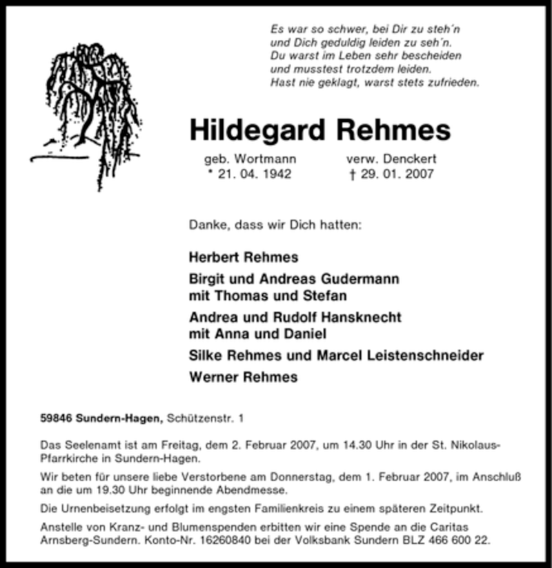  Traueranzeige für Hildegard Rehmes vom 31.01.2007 aus Tageszeitung
