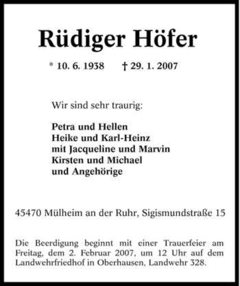Traueranzeige von Rüdiger Höfer von Tageszeitung