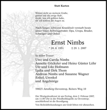 Traueranzeige von Ernst Nimbs von Tageszeitung
