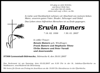 Traueranzeige von Erwin Hamers von Tageszeitung